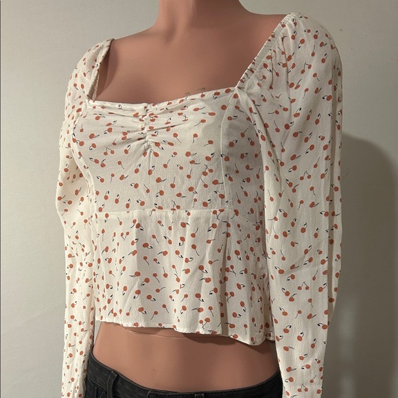 Free People Julia Sweetheart Top Ivory Cherry Print Women's Long Sleeve Size S - Picture 2 of 11